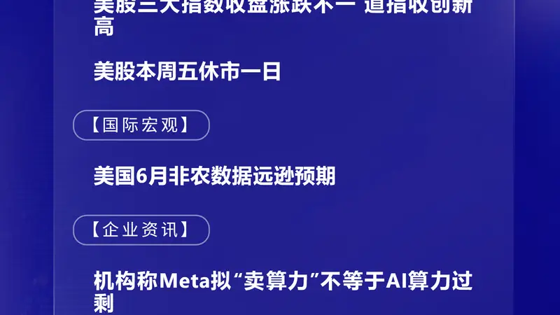 7月3日国际晨讯|美国6月非农数据远逊预期 机构称Meta拟“卖算力”不等于AI算力过剩