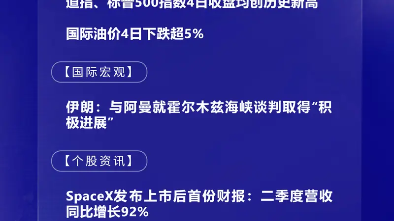 8月5日国际快讯：SpaceX携手英伟达开发卫星计算载荷 国际油价4日暴跌超5%