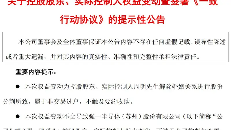 A股再现天价离婚案!强一股份实控人分割近60亿元股份,前妻承诺十年一致行动