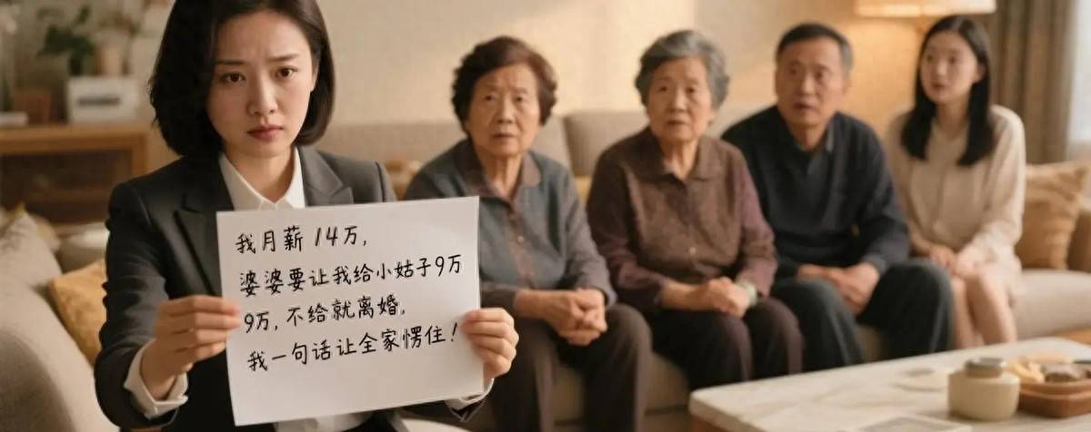 我月薪14万，婆婆让我给小姑子9万，不给就离婚，我让全家愣住！