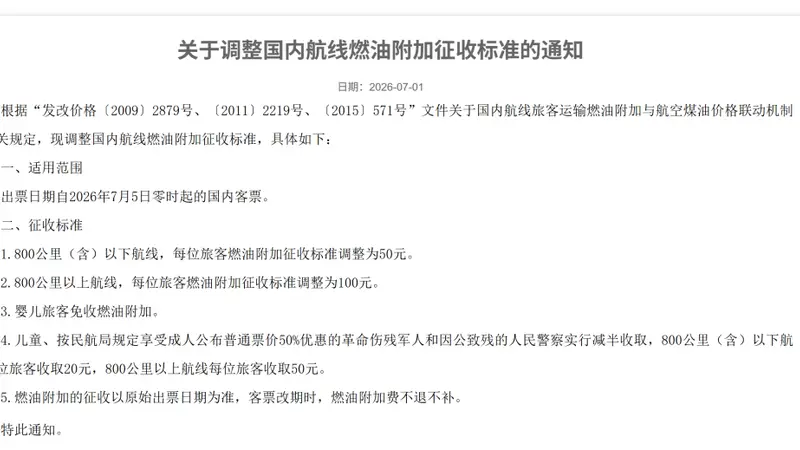 国内航线燃油附加费将大幅下调