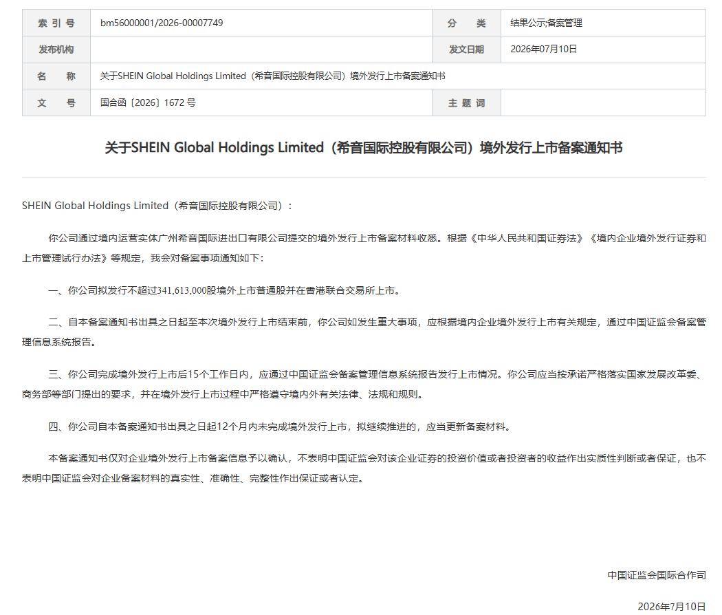 希音国际控股有限公司港股IPO获中国证监会备案