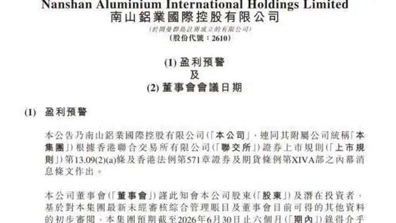 南山铝业国际上半年预减1.8亿至1.9亿美元 大幅下滑受毛利率走低驱动