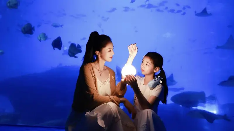 董璇晒暑期亲子随拍 带女儿小酒窝近距离接触海洋生物