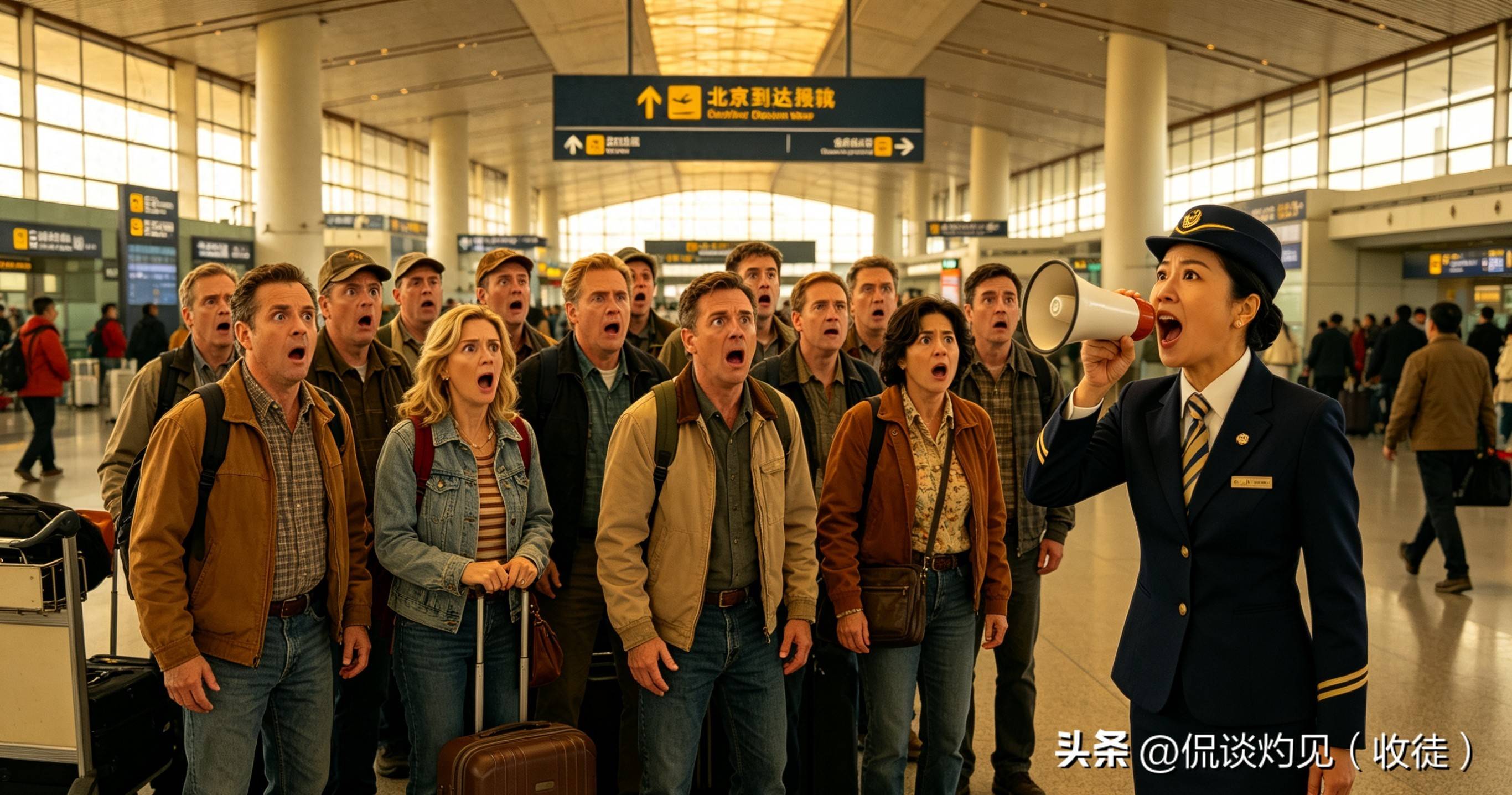 20人美国旅行团抵达北京机场，全员愣神，导游喊三次集合没人应声