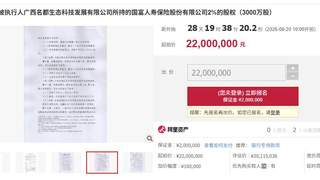 国富人寿2%股权上拍 起拍价2200万元