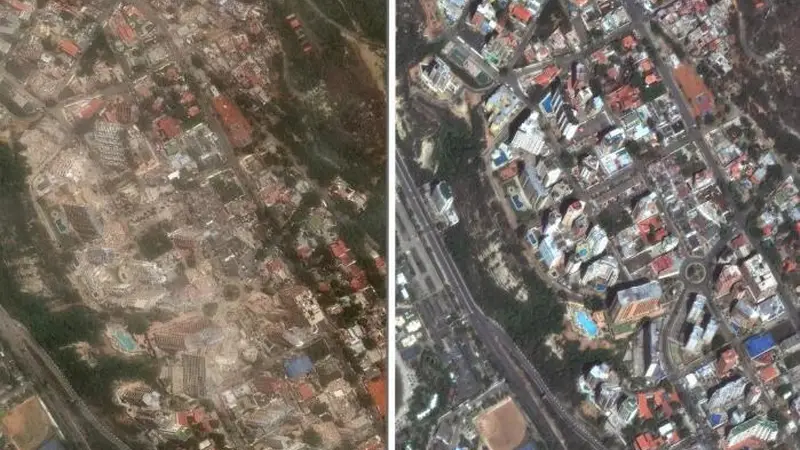 委强震前后卫星图对比:建筑夷为平地 令人不寒而栗