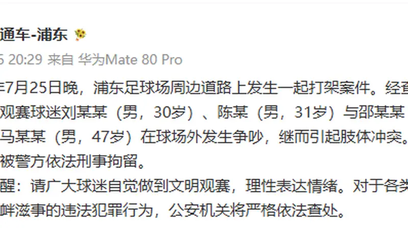 2026年7月25日晚上海浦东足球场周边斗殴4人被刑拘