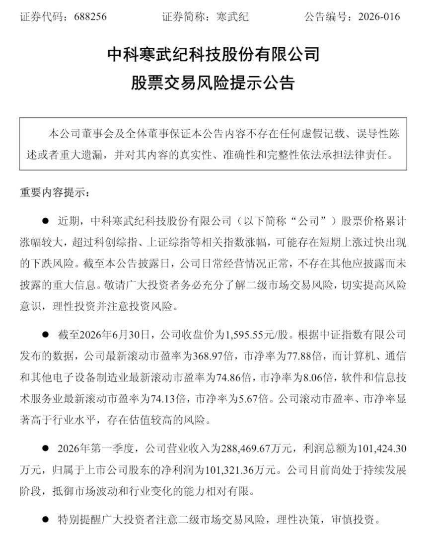 寒武纪紧急公告：可能存在短期上涨过快出现的下跌风险